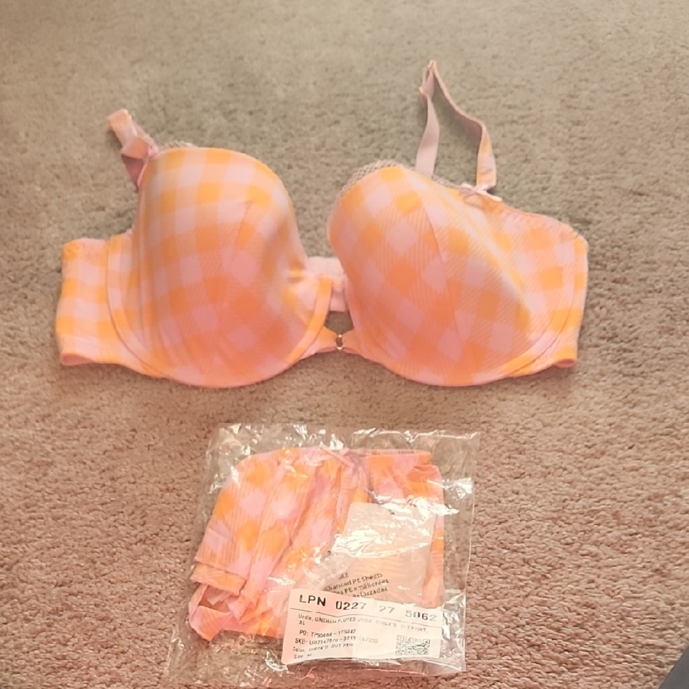 Savage Fenty Gingham Orange and Pink Bra And Fluted Panty Set BNWT